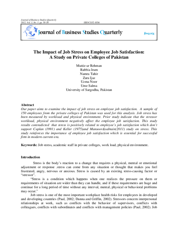 (PDF) The Impact of Job Stress on Employee Job Satisfaction: A Study on ...