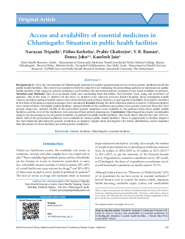 (PDF) Access and availability of essential medicines in Chhattisgarh ...