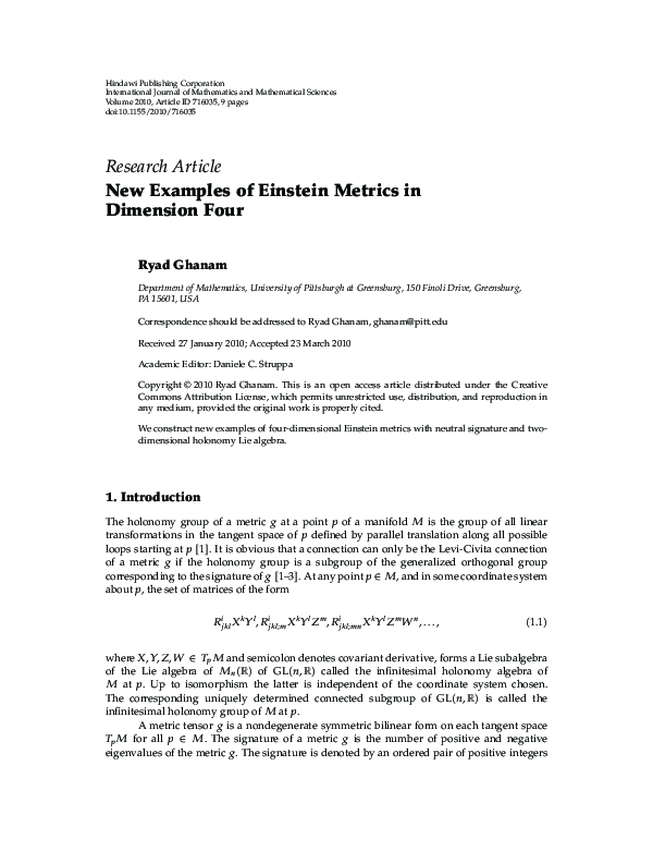 (PDF) New Examples of Einstein Metrics in Dimension Four