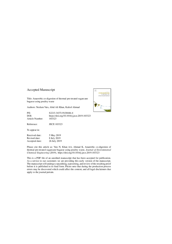 Anaerobic co-digestion of thermal pre-treated sugarcane bagasse using poultry waste