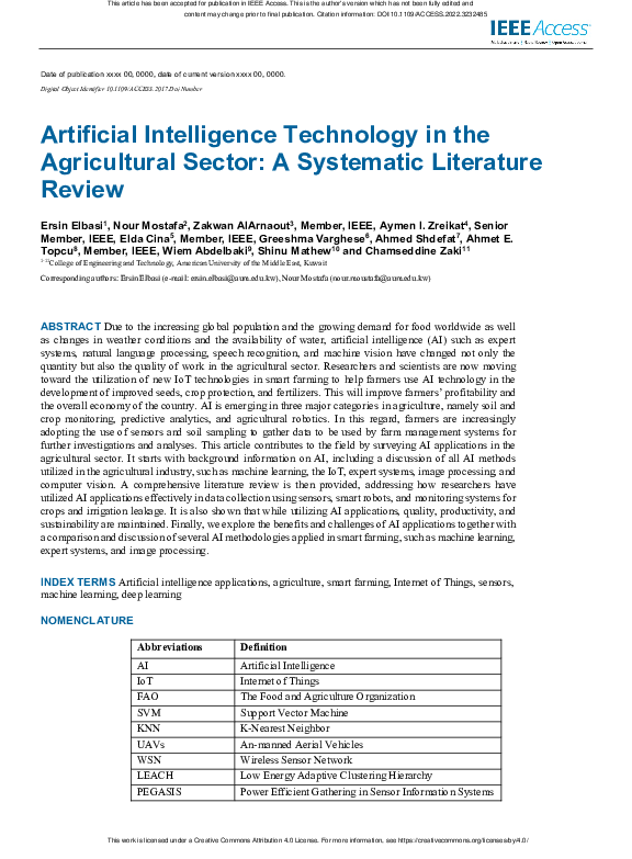 (PDF) Artificial Intelligence Technology in the Agricultural Sector: A ...