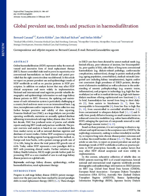 (PDF) Global prevalent use, trends and practices in haemodiafiltration