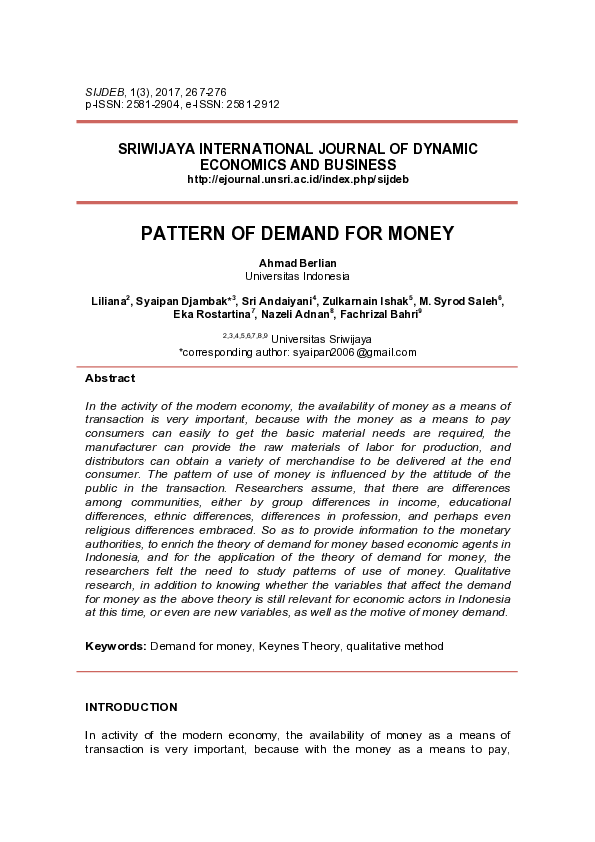 (PDF) Pattern of Demand For Money