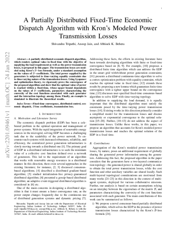 (PDF) A Partially Distributed Fixed-Time Economic Dispatch Algorithm ...