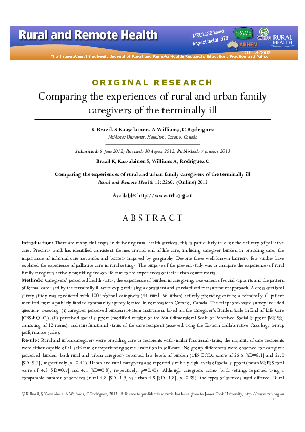(PDF) Comparing the experiences of rural and urban family caregivers of ...