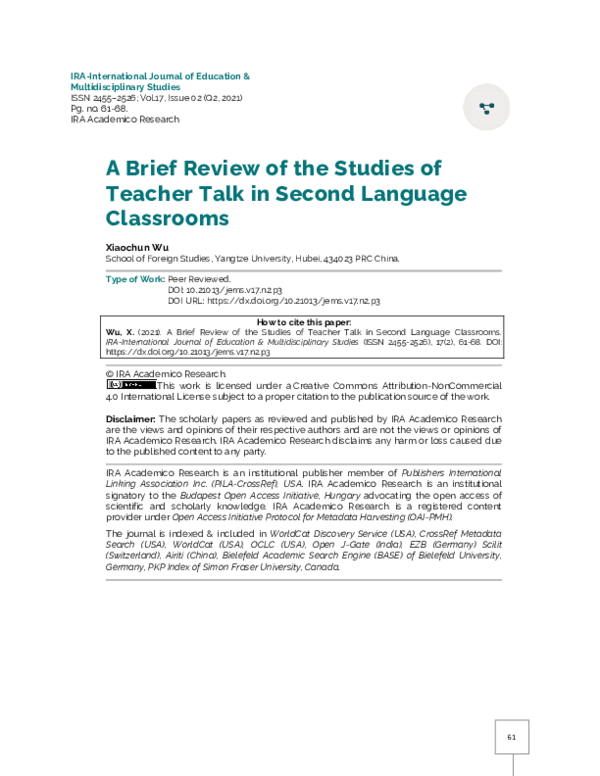 (PDF) A Brief Review of the Studies of Teacher Talk in Second Language ...