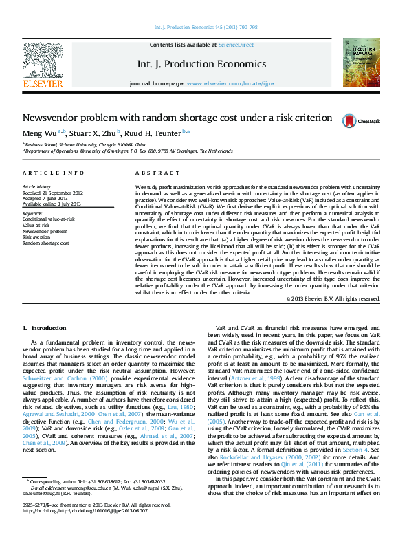 (PDF) Newsvendor problem with random shortage cost under a risk criterion