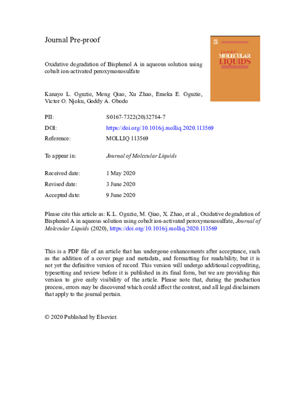 (PDF) Oxidative degradation of Bisphenol A in aqueous solution using ...