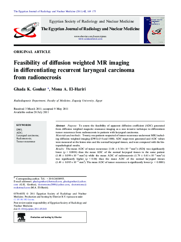 (PDF) Feasibility of diffusion weighted MR imaging in differentiating ...