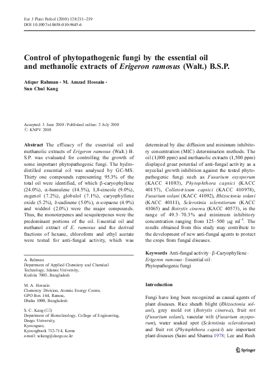 (PDF) Control of phytopathogenic fungi by the essential oil and ...