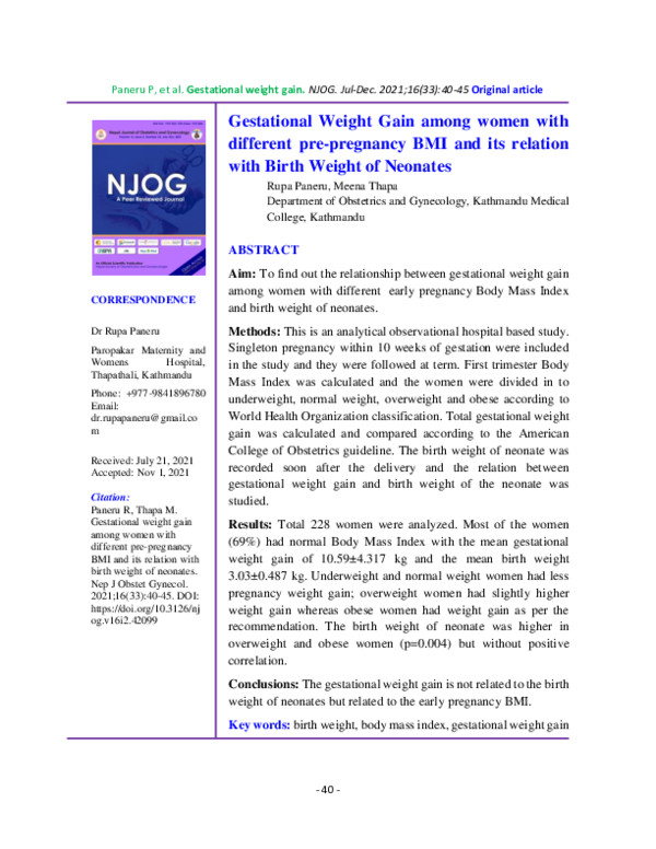 (PDF) Gestational Weight Gain among women with different pre-pregnancy ...