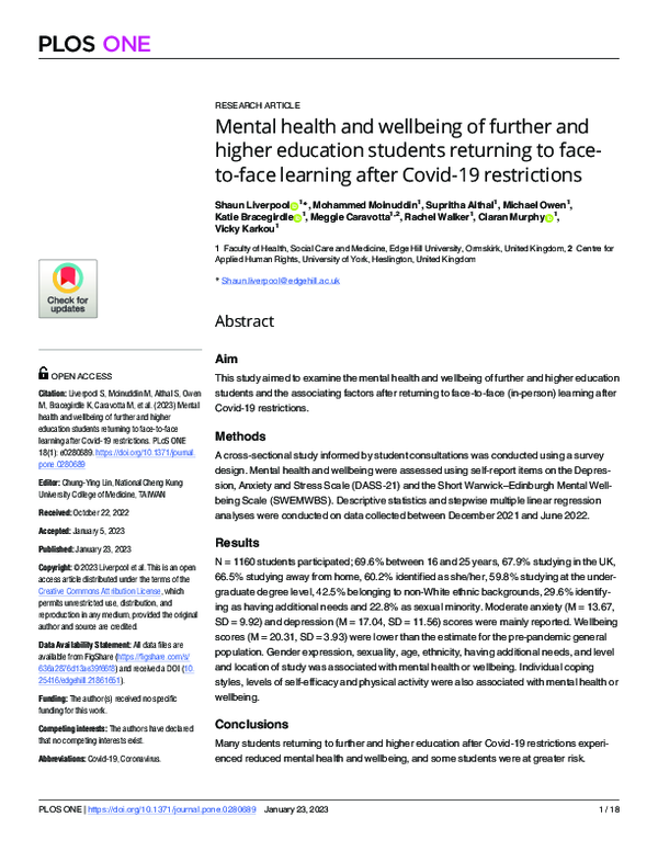 (PDF) Mental health and wellbeing of further and higher education ...