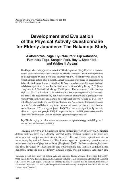 (PDF) Development and Evaluation of the Physical Activity Questionnaire ...