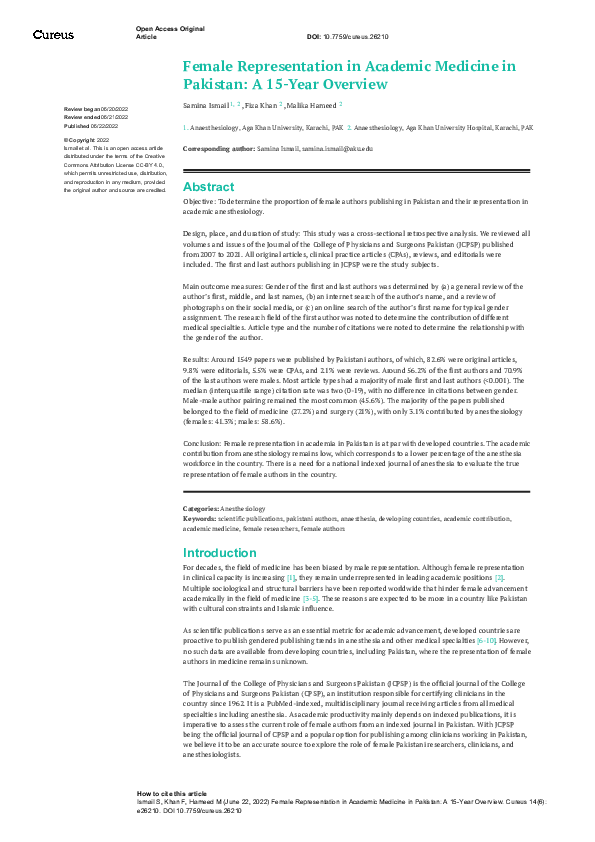 Female Representation in Academic Medicine in Pakistan: A 15-Year Overview