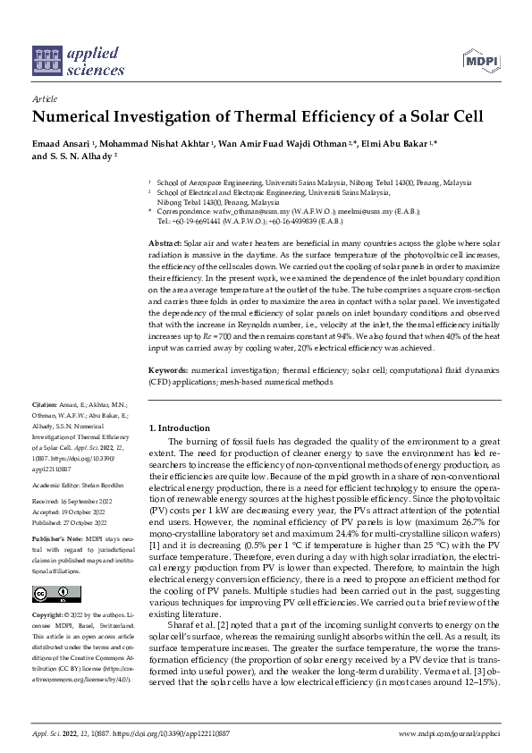 (PDF) Numerical Investigation of Thermal Efficiency of a Solar Cell