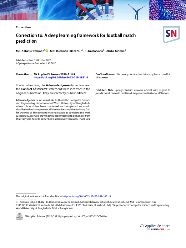 (PDF) Correction to A deep learning framework for football match prediction Abdul Malik