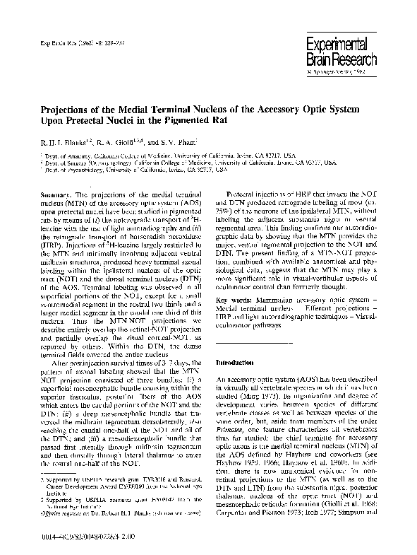 (PDF) Projections of the medial terminal nucleus of the accessory optic system upon pretectal