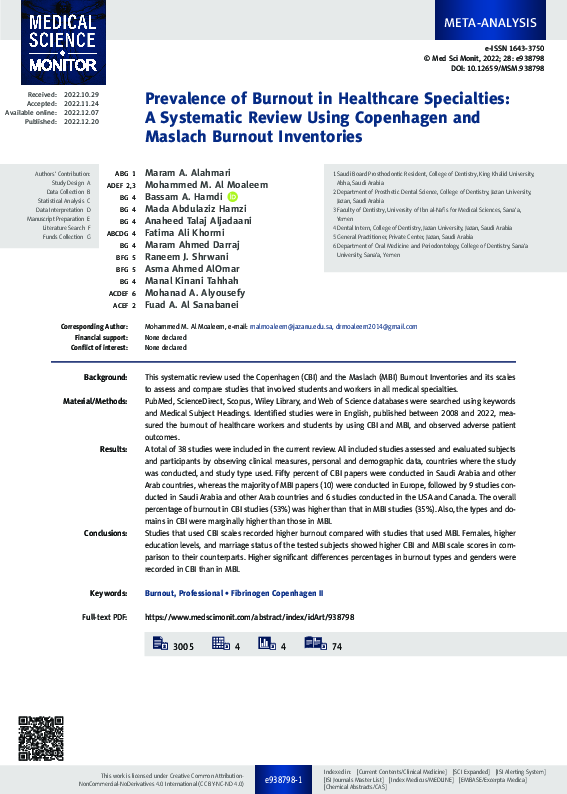 (PDF) Prevalence of Burnout in Healthcare Specialties: A Systematic ...