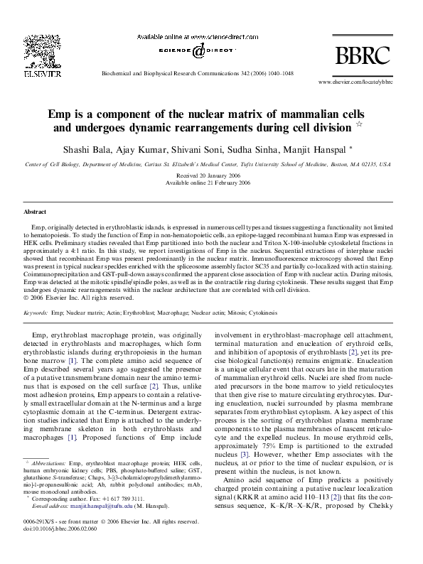 (PDF) Emp is a component of the nuclear matrix of mammalian cells and ...