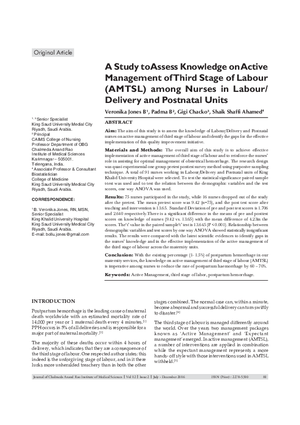 (PDF) A Study to Assess Knowledge on Active Management of Third Stage ...