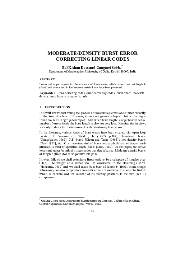 (PDF) Low-Density Burst Error Locating/Correcting Linear Codes
