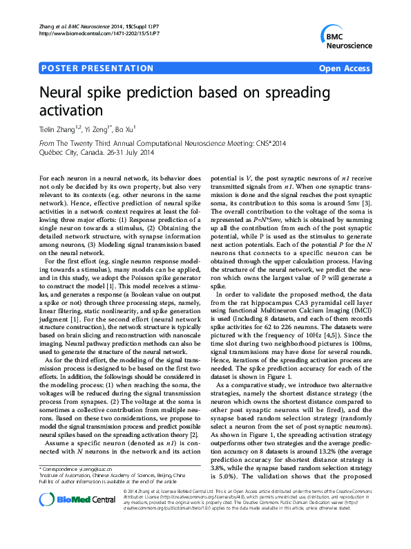 (PDF) Neural spike prediction based on spreading activation