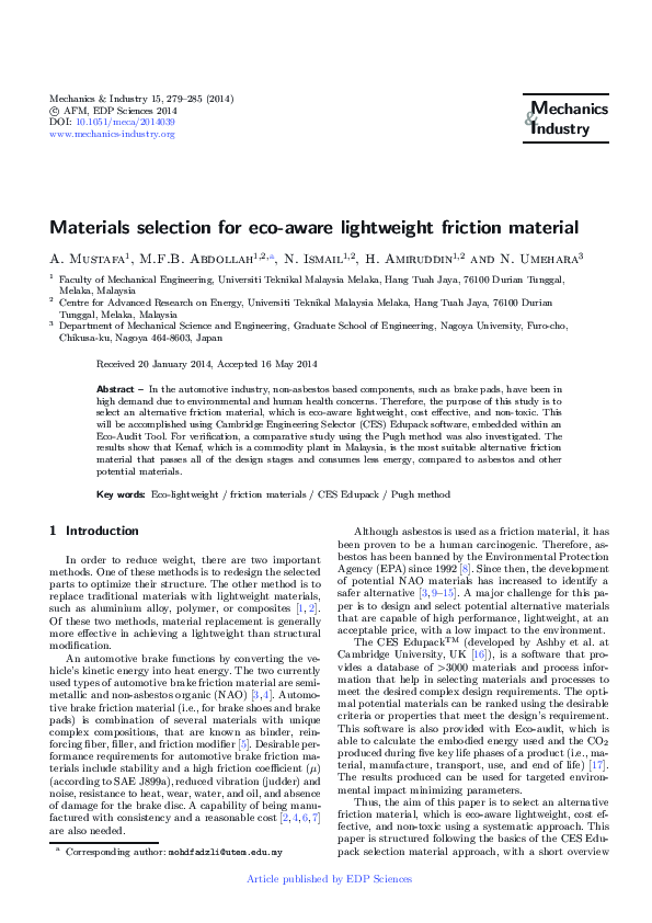 (PDF) Materials selection for eco-aware lightweight friction material