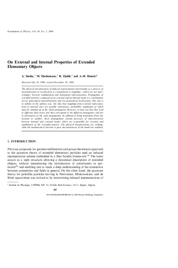 (PDF) On External and Internal Properties of Extended Elementary Objects
