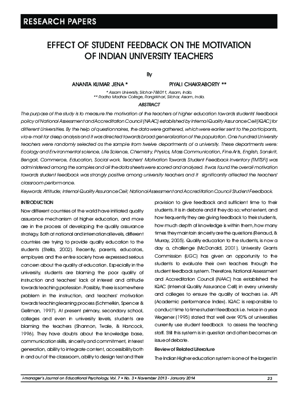 (PDF) Effect of Student Feedback on the Motivation of Indian University ...