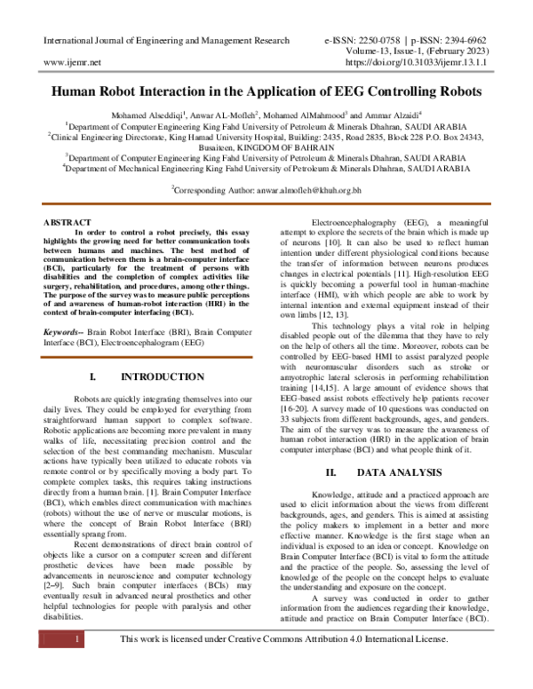 (PDF) Human Robot Interaction in the Application of EEG Controlling Robots