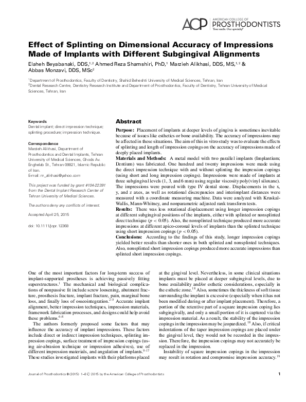 (PDF) Effect of Splinting on Dimensional Accuracy of Impressions Made ...