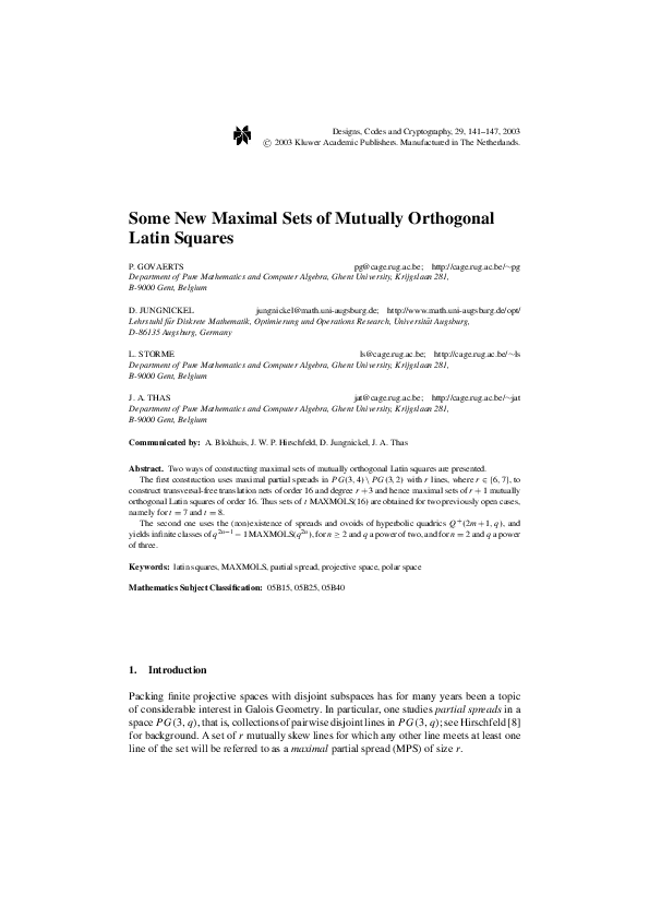 (PDF) Some New Maximal Sets of Mutually Orthogonal Latin Squares
