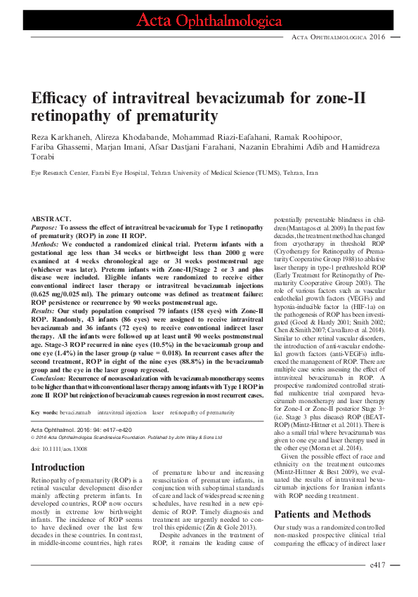 (PDF) Efficacy of intravitreal bevacizumab for zone-II retinopathy of ...