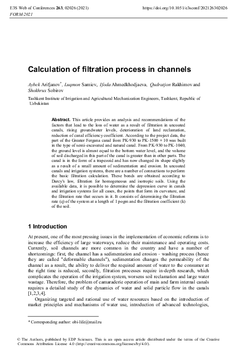 (PDF) Calculation of filtration process in channels