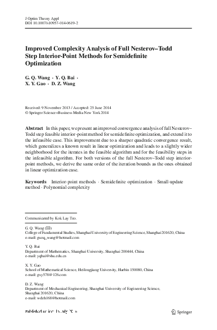 (PDF) Improved Complexity Analysis of Full Nesterov–Todd Step Feasible ...