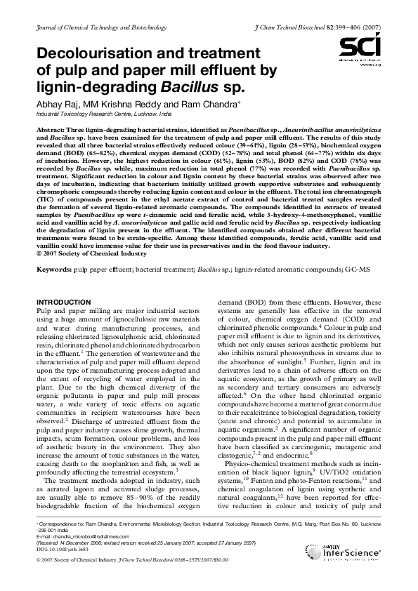 (PDF) Decolourisation and treatment of pulp and paper mill effluent by ...