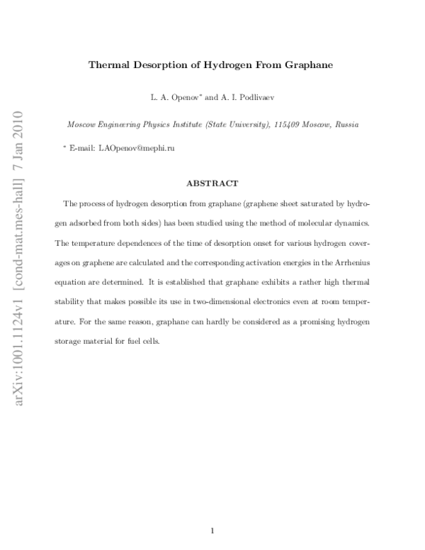 (PDF) Thermal desorption of hydrogen from graphane