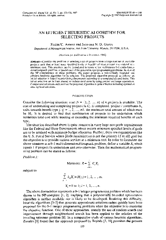 (PDF) An efficient heuristic algorithm for selecting projects