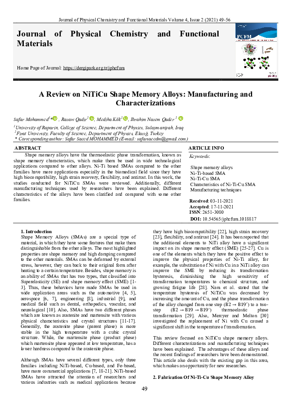 (PDF) A Review on NiTiCu Shape Memory Alloys: Manufacturing and ...