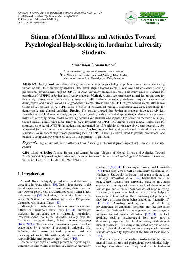 (PDF) Stigma of Mental Illness and Attitudes Toward Psychological Help ...