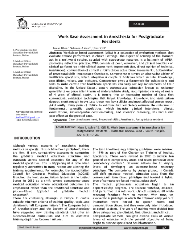 (PDF) Work Base Assessment in Anesthesia for Postgraduate Residents
