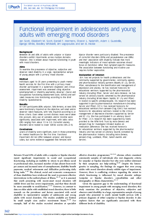 (PDF) Functional impairment in adolescents and young adults with ...