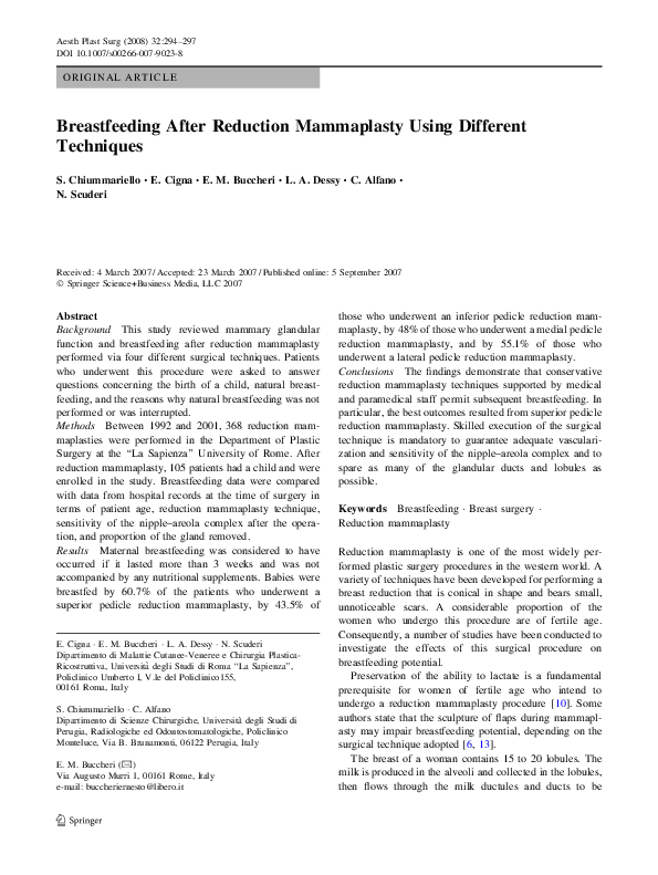 (PDF) Breastfeeding After Reduction Mammaplasty Using Different