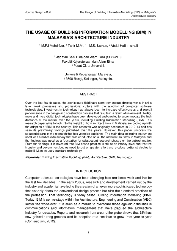 (PDF) The Usage of Building Information Modelling (Bim) in Malaysia's ...
