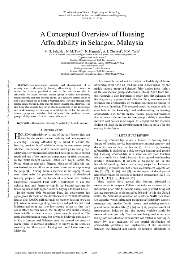 (PDF) Conceptual Overview Of Housing Affordability In Selangor, Malaysia