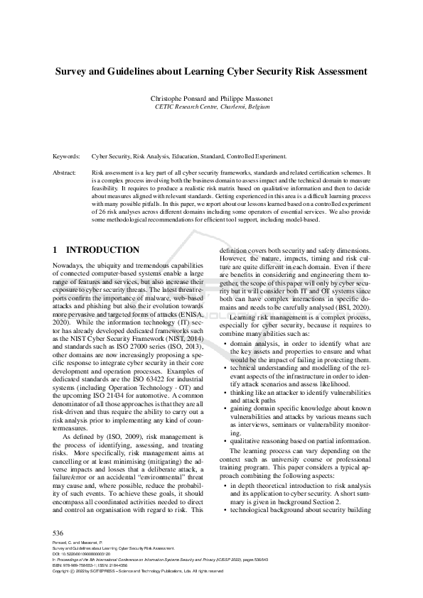 (PDF) Survey and Guidelines about Learning Cyber Security Risk Assessment