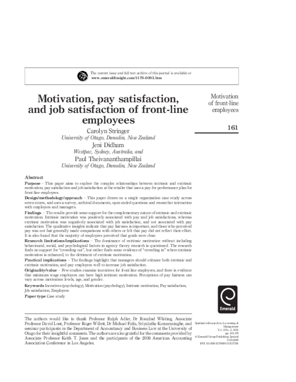 (PDF) Motivation, pay satisfaction, and job satisfaction of front‐line ...