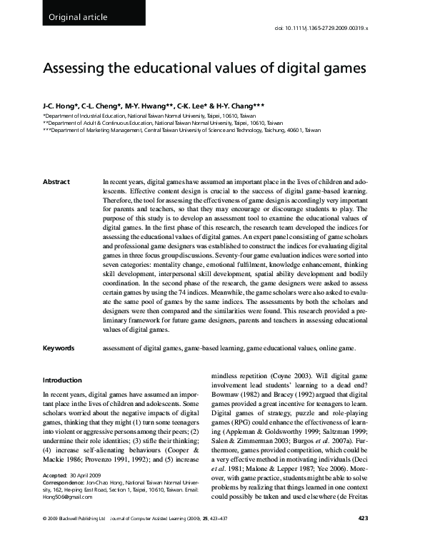 (PDF) Assessing the educational values of digital games
