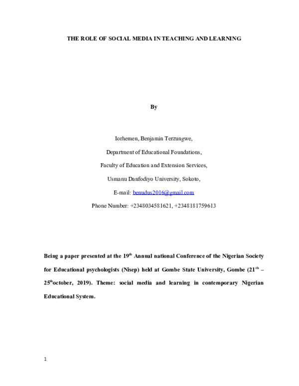 (DOC) THE ROLE OF SOCIAL MEDIA IN TEACHING AND LEARNING