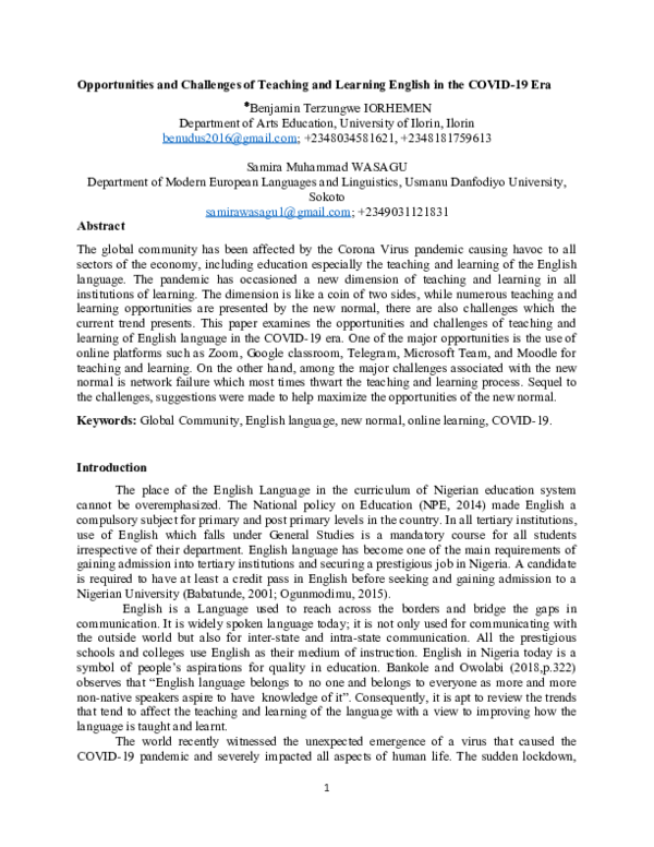 (DOC) Opportunities and Challenges of Teaching and Learning English in ...